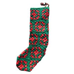 Crocheted Granny Square Red Green Christmas Stocking Handcrafted 18"
